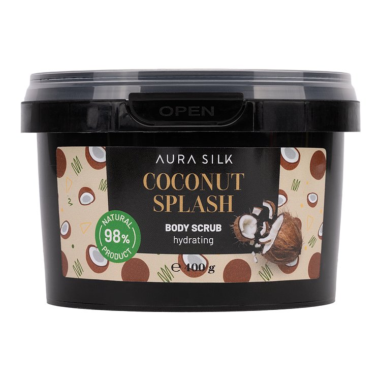 Scrub σώματος Aura Silk Coconut Splash 400g ενυδατικό, σε μαύρο βαζάκι κλειστό καπάκι