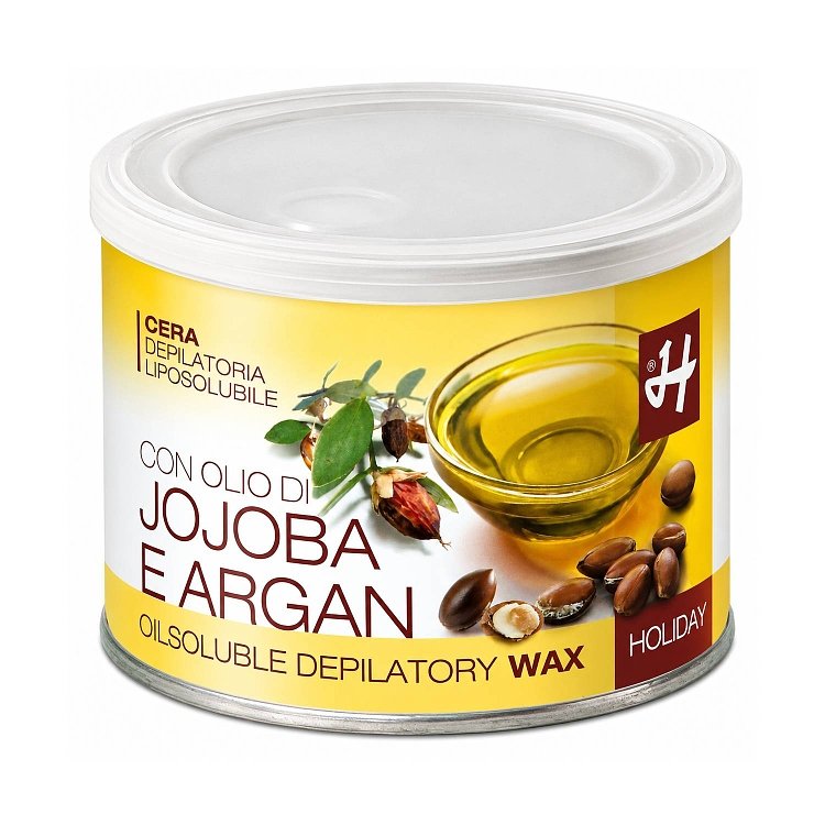 Δοχείο κεριού αποτρίχωσης Holiday Έλαιο Jojoba & Argan 400ml με honey yellow σύνθεση και διακριτικό άρωμα