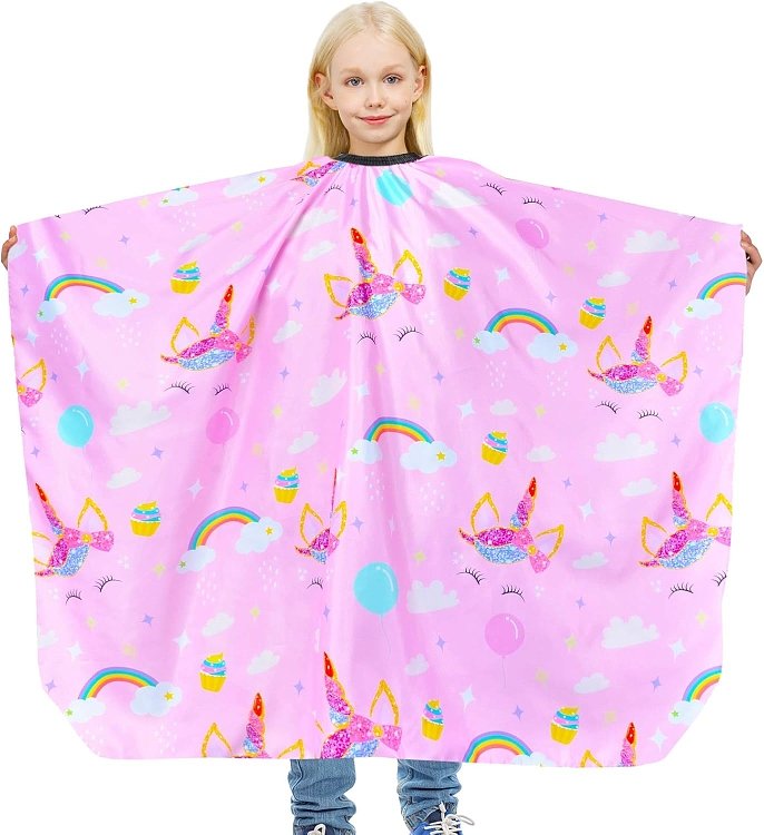 Kinder Haarschneideumhang Rosa mit Einhornern, Regenbogen & Cupcakes – Wasserdicht & Antistatisch, 130x80 cm