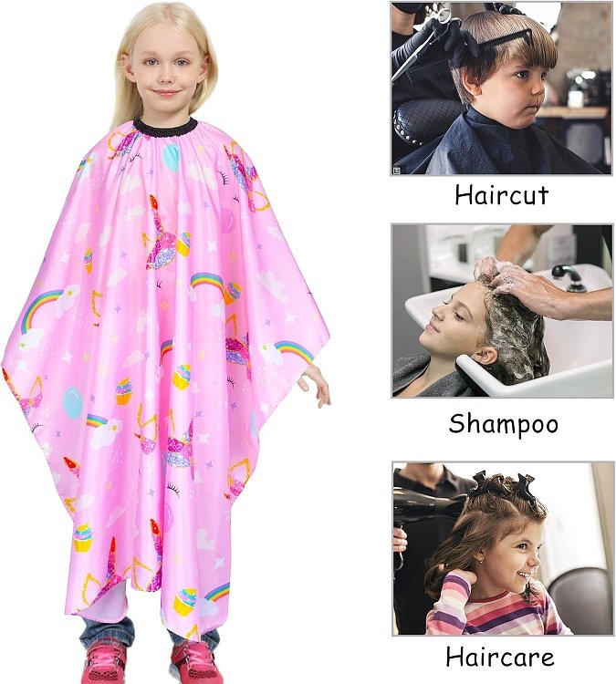 Kinder Haarschneideumhang Rosa mit Einhornern, Regenbogen & Cupcakes – Wasserdicht & Antistatisch, 130x80 cm