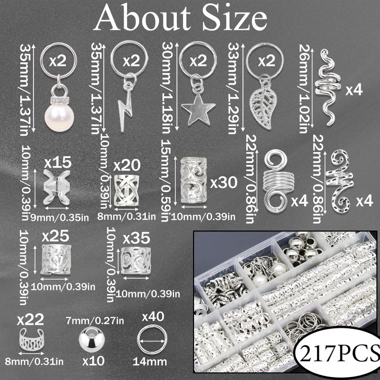 Διακοσμητικά Αξεσουάρ για Ράστα και Πλεξούδες Μαλλιών Ασημί– Κασετίνα 217τμχ