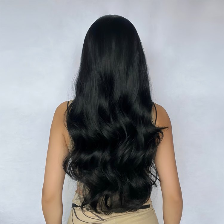 Περούκα Συνθετική Μαύρη Μακριά Κυματιστή με Φράντζα