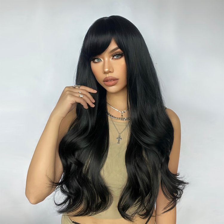 Περούκα Συνθετική Μαύρη Μακριά Κυματιστή με Φράντζα