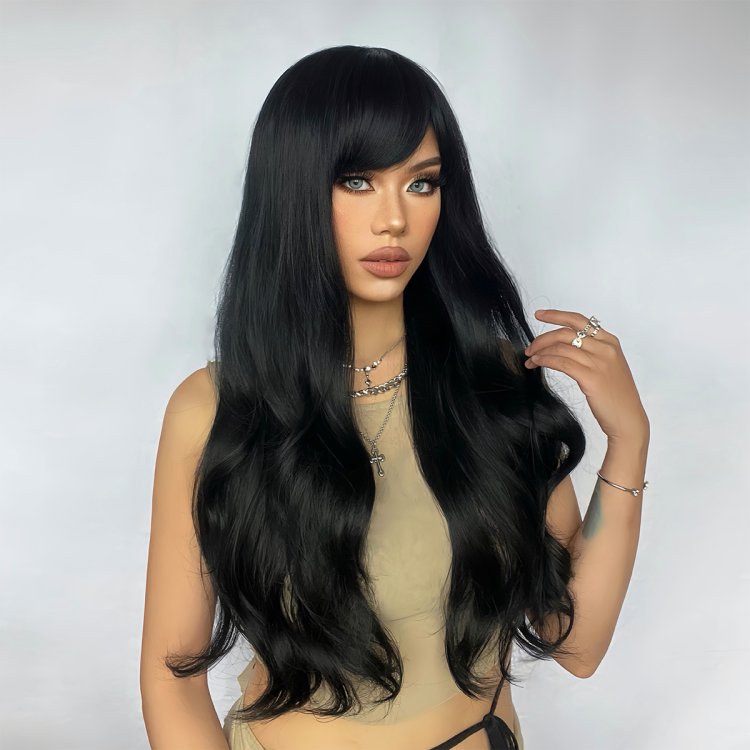 Περούκα Συνθετική Μαύρη Μακριά Κυματιστή με Φράντζα