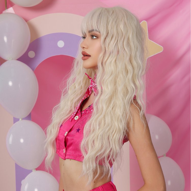 Περούκα Συνθετική Ξανθιά Μακριά Σγουρή με Φράντζα