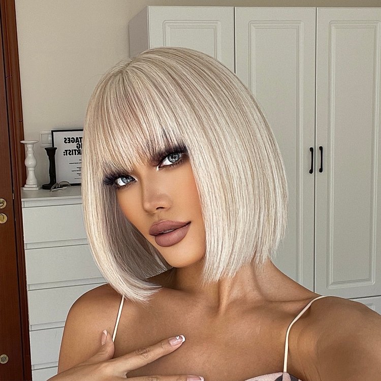 Perucke Synthetisch Blond Glatt Bob mit Pony