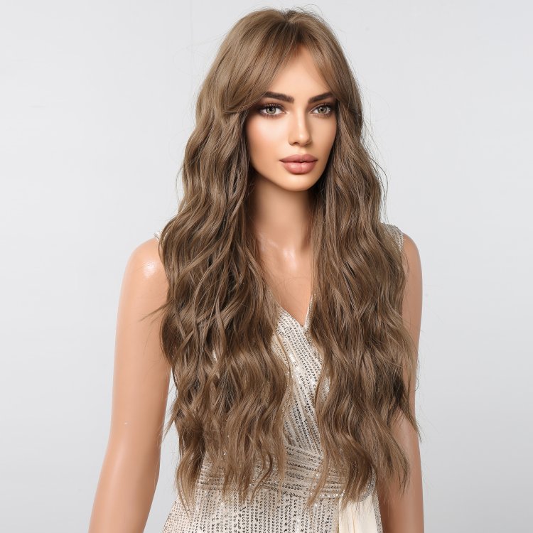 Περούκα Συνθετική Καστανή Μακριά Κυματιστή με Φράντζα