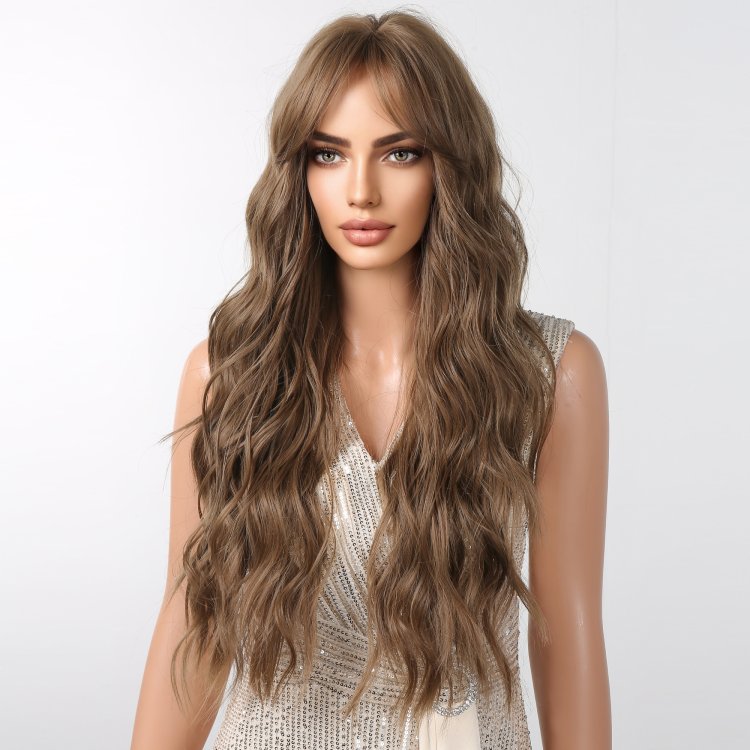 Περούκα Συνθετική Καστανή Μακριά Κυματιστή με Φράντζα