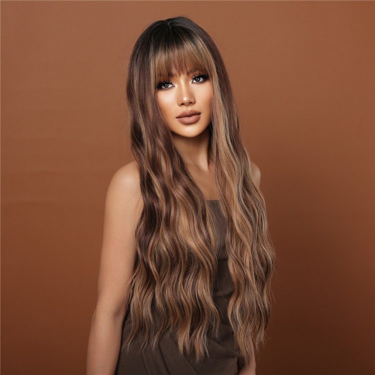 Περούκα Συνθετική Σκούρη Καστανή Με Ανταύγειες Μακριά Κυματιστή με Φράντζα