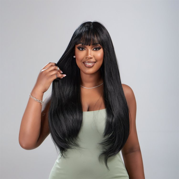 Περούκα Συνθετική Μαύρη Μακριά Ίσια με Φράντζα