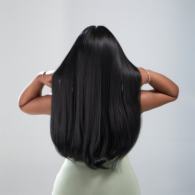 Περούκα Συνθετική Μαύρη Μακριά Ίσια με Φράντζα