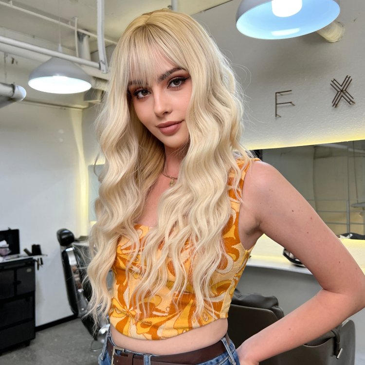 Περούκα Συνθετική Ξανθιά Μακριά Κυματιστή με Φράντζα