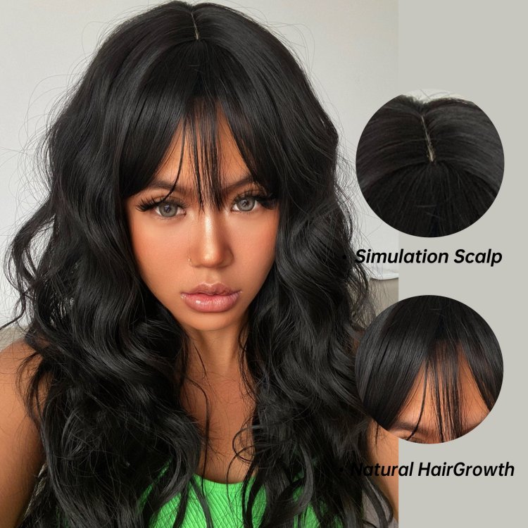 Περούκα Συνθετική Μαύρη Μακριά Κυματιστή με Φράντζα