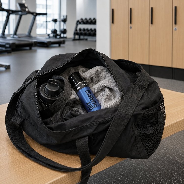 Christian Artesio Dry Shampoo 150ml inside an open gym bag, ready for convenient on-the-go hair refreshment.