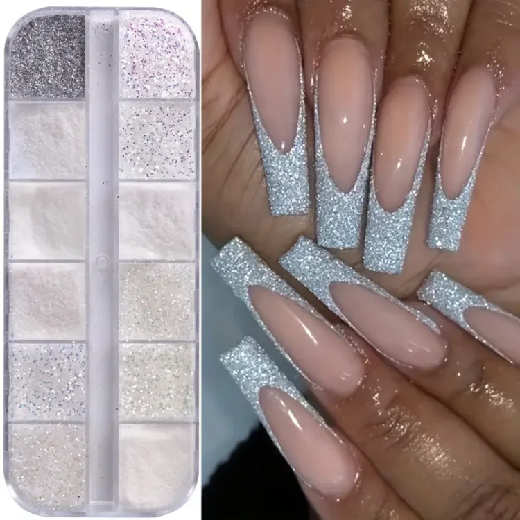 Σετ 12 Λευκές Σκόνες Glitter για Νύχια – Ιριδίζουσα & Ματ Πούδρα για Sugar Effect, Babyboomer & Νυφικό Μανικιούρ