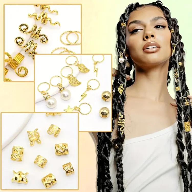 Διακοσμητικά Αξεσουάρ για Ράστα και Πλεξούδες Μαλλιών Χρυσό– Κασετίνα 217τμχ