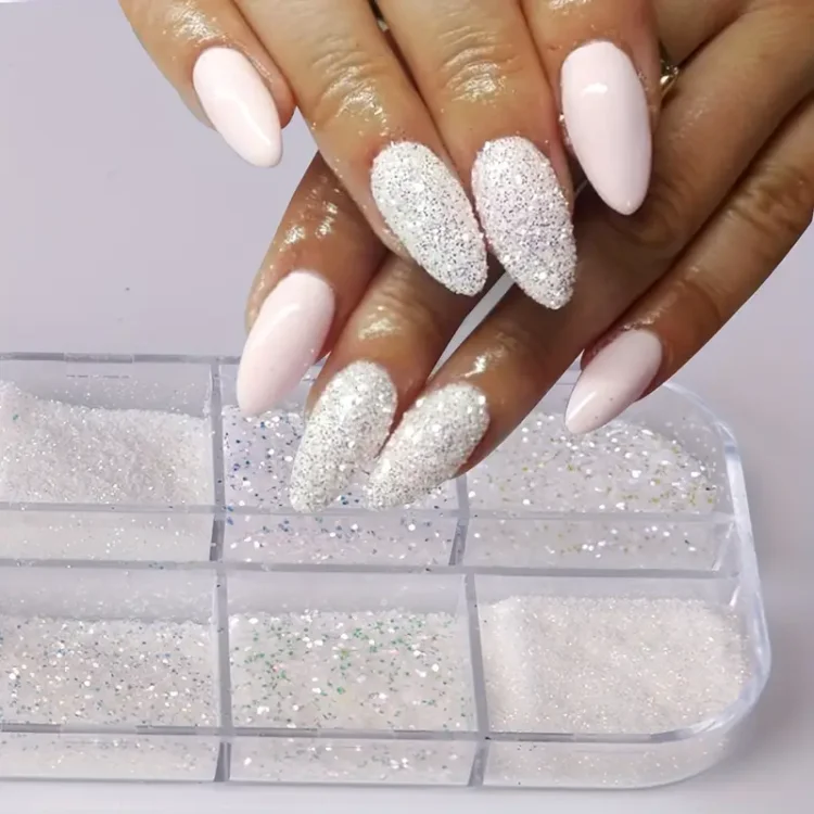 Σετ 12 Λευκές Σκόνες Glitter για Νύχια – Ιριδίζουσα & Ματ Πούδρα για Sugar Effect, Babyboomer & Νυφικό Μανικιούρ