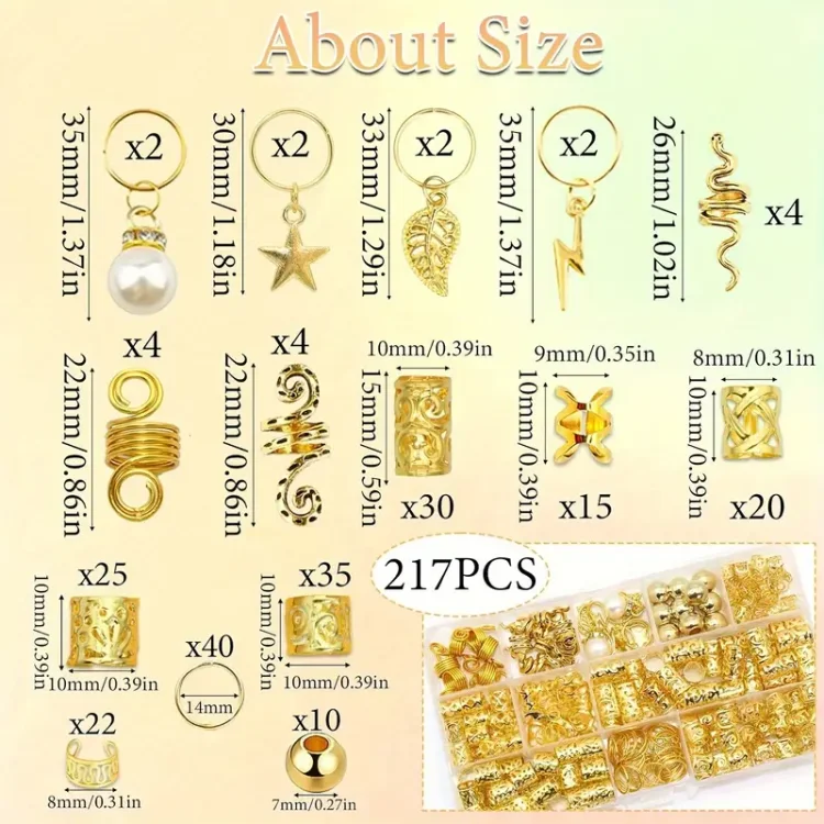 Διακοσμητικά Αξεσουάρ για Ράστα και Πλεξούδες Μαλλιών Χρυσό– Κασετίνα 217τμχ