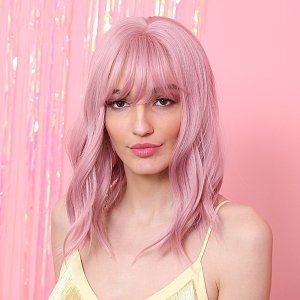 Synthetic Hair Wig Pink Square Long Curly with Fringe