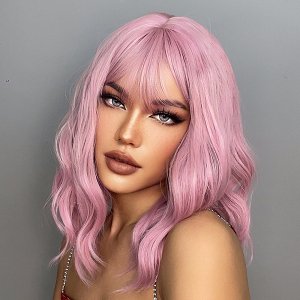 Synthetic Hair Wig Pink Square Long Curly with Fringe