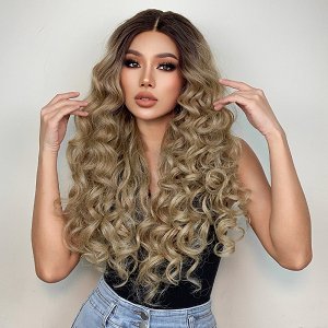 Perucke Synthetisch Blond Ombre Lang Wellig