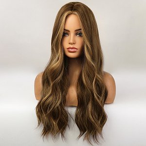 Perucke Synthetisch Braun Lang Gelockt mit Blonden Strahnen