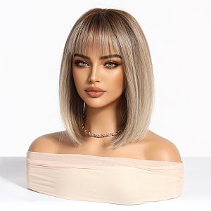 Synthetic Blonde Ombre Straight Bob Wig with Bangs