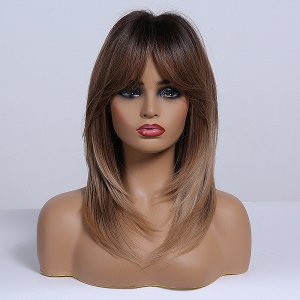 Synthetic Blonde Ombre Straight Long Bob Wig with Bangs