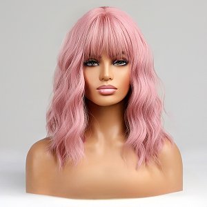 Synthetic Hair Wig Pink Square Long Curly with Fringe