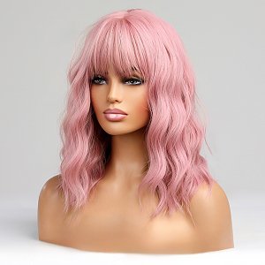 Synthetic Hair Wig Pink Square Long Curly with Fringe