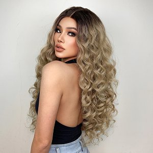 Perucke Synthetisch Blond Ombre Lang Wellig