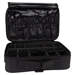 Professional Black Makeup Storage Bag with Adjustable Dividers & Shoulder Strap