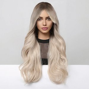 Synthetic Hair Wig Blonde Long Wave with Fringe