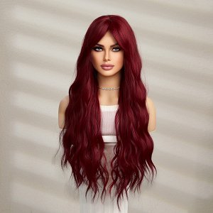 Synthetic Red Long Wavy Wig with Bangs