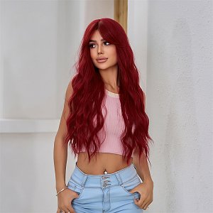 Synthetic Red Long Wavy Wig with Bangs