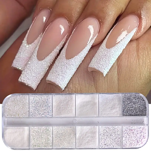 12pcs White Nail Glitter Powder Set – Iridescent & Matte Dust for Sugar Nails, Babyboomer & Bridal Manicure Designs