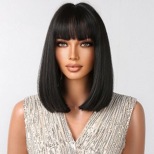 Perucke Synthetisch Schwarz Glatt Bob mit Pony