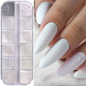 12pcs White Nail Glitter Powder Set – Iridescent & Matte Dust for Sugar Nails, Babyboomer & Bridal Manicure Designs
