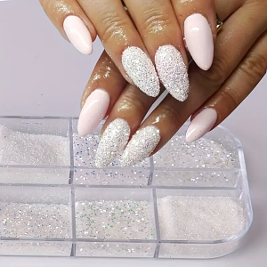 12pcs White Nail Glitter Powder Set – Iridescent & Matte Dust for Sugar Nails, Babyboomer & Bridal Manicure Designs