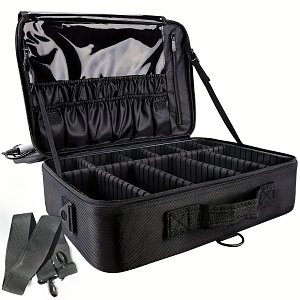Professional Black Makeup Storage Bag with Adjustable Dividers & Shoulder Strap