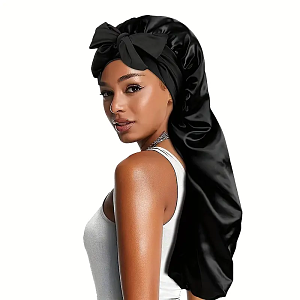 atin Bonnet Long Black Sleep Cap for Hair Protection Against Frizz & Breakage