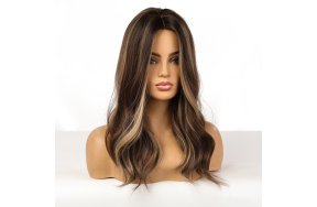 Περούκα Συνθετική Καστανή Με Ξανθές Ανταύγειες Κυματιστή Μακρύ Καρέ