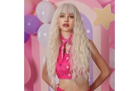 Περούκα Συνθετική Ξανθιά Μακριά Σγουρή με Φράντζα