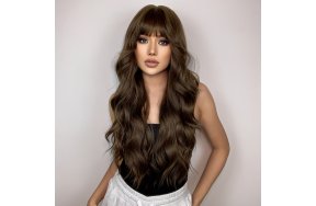 Περούκα Συνθετική Καστανή Μακριά Κυματιστή με Φράντζα