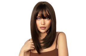 Περούκα Συνθετική Καστανή Ίσια Μακρύ Καρέ με Φράντζα