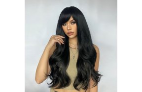 Περούκα Συνθετική Μαύρη Μακριά Κυματιστή με Φράντζα