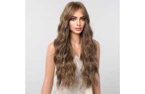 Περούκα Συνθετική Καστανή Μακριά Κυματιστή με Φράντζα