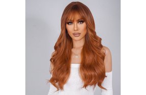 Περούκα Συνθετική Σκούρη Χάλκινη Μακριά Κυματιστή με Φράντζα