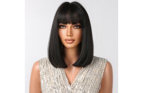 Περούκα Συνθετική Μαύρη Ίσια Καρέ με Φράντζα