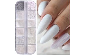 Σετ 12 Λευκές Σκόνες Glitter για Νύχια – Ιριδίζουσα & Ματ Πούδρα για Sugar Effect, Babyboomer & Νυφικό Μανικιούρ